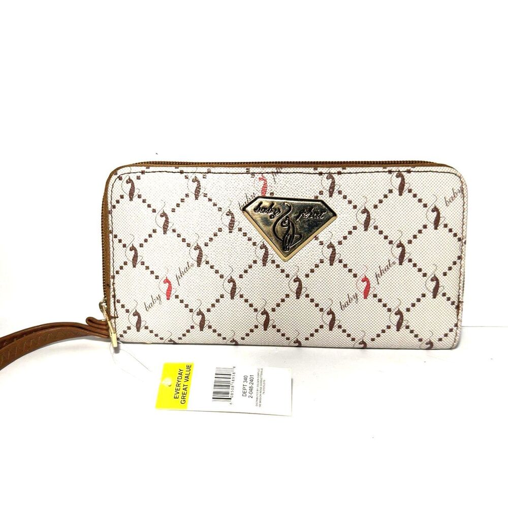 New Baby Phat Zip Around Wallet Wristlet Monogram Cat Logo Beige Brown NWT